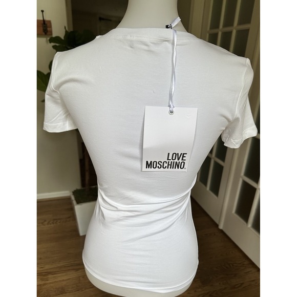 Love Moschino White Graphic Tee Et Voila Hand Print T-Shirt Size 2/38 NWT - Picture 3 of 9